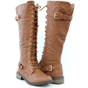 Women Knee High Lace Up Combat Boots Golden Buckle Tan